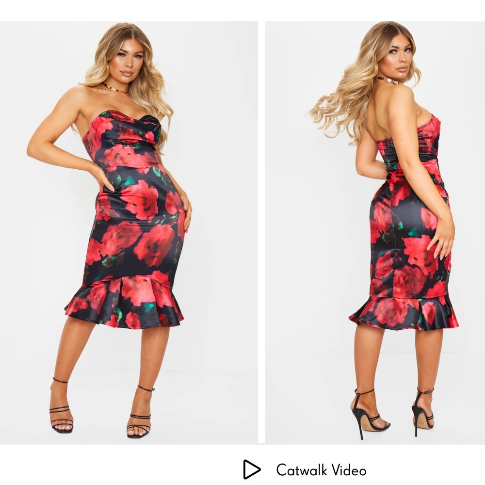 Prettylittlething Black Rose Print Satin Bandeau Frill Midi Dress size 10 us